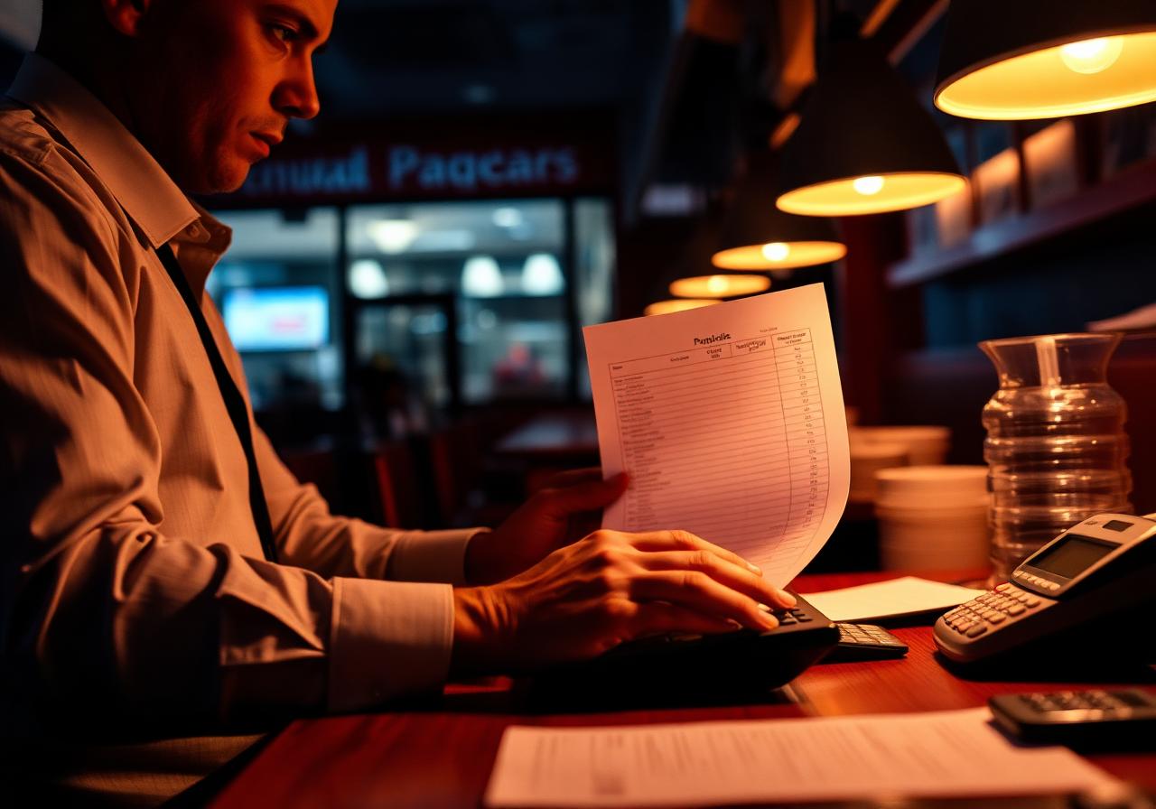 Restaurant operator reviewing payroll paperwork